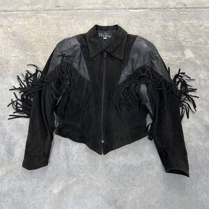 Phoenix Black Suede Leather Fringe Western Motorcycle Jacket Size L